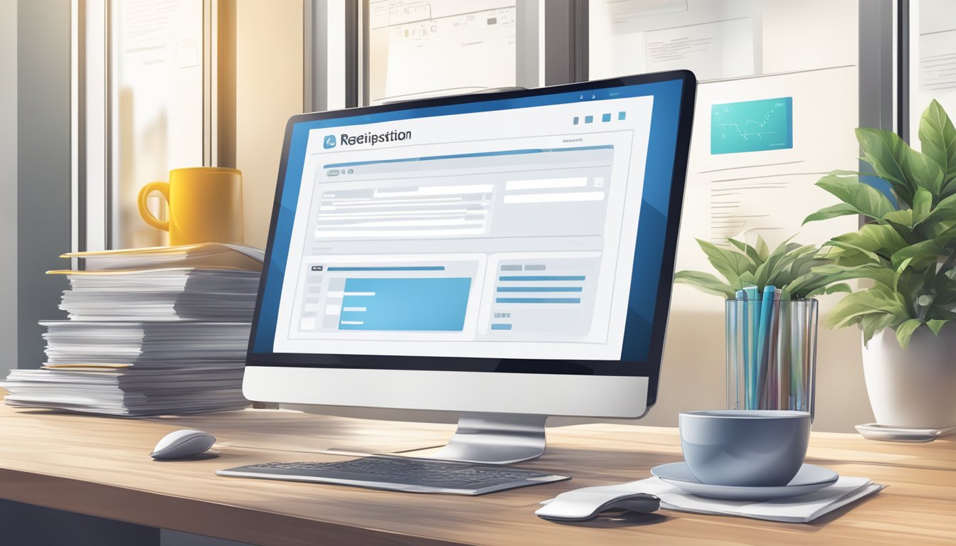 Uma tela de computador com um formulário de registro de domínio e uma página de opções de hospedagem na web aberta, cercada por materiais de escritório e uma xícara de café
