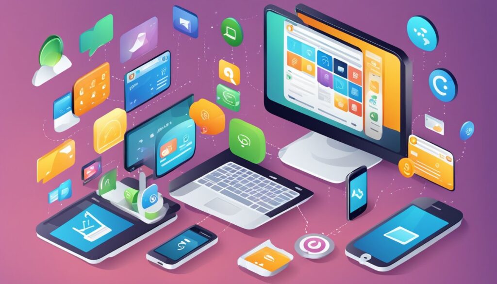 Uma tela de computador mostrando vários canais de comunicação (telefone, e-mail, chat) com um cliente, cercada por elementos de comércio eletrônico.