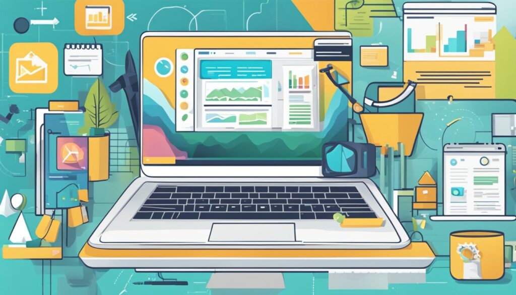 Um laptop cercado por vários ícones e símbolos relacionados a marketing e crescimento, com um site sendo projetado na tela