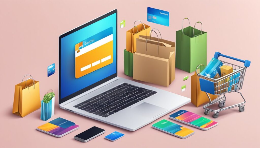 Um laptop e um smartphone com um ícone de carrinho de compras na tela, cercados por várias caixas de produtos e um cartão de crédito.