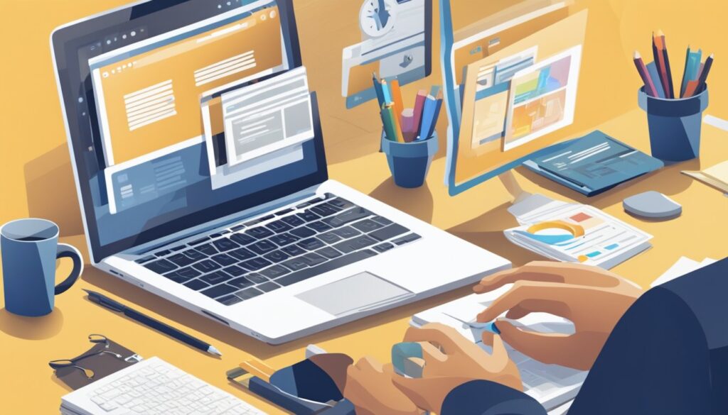 Uma pessoa digitando em um laptop, cercada por livros sobre SEO e design de sites. Um site sendo construído na tela, com ferramentas de otimização para mecanismos de busca visíveis.