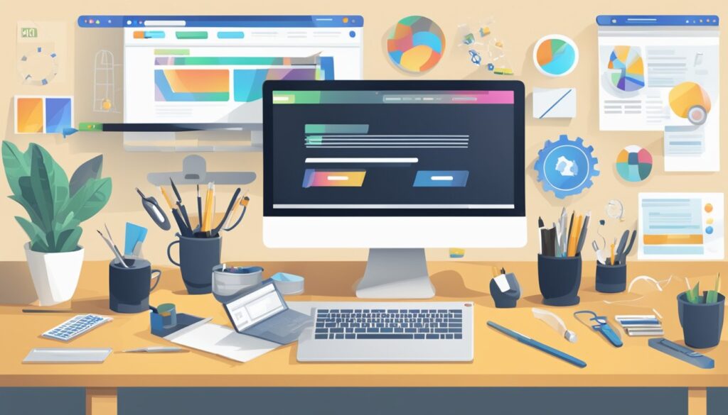 Uma tela de computador com um site sendo construído, cercada por várias ferramentas e recursos para desenvolvimento web