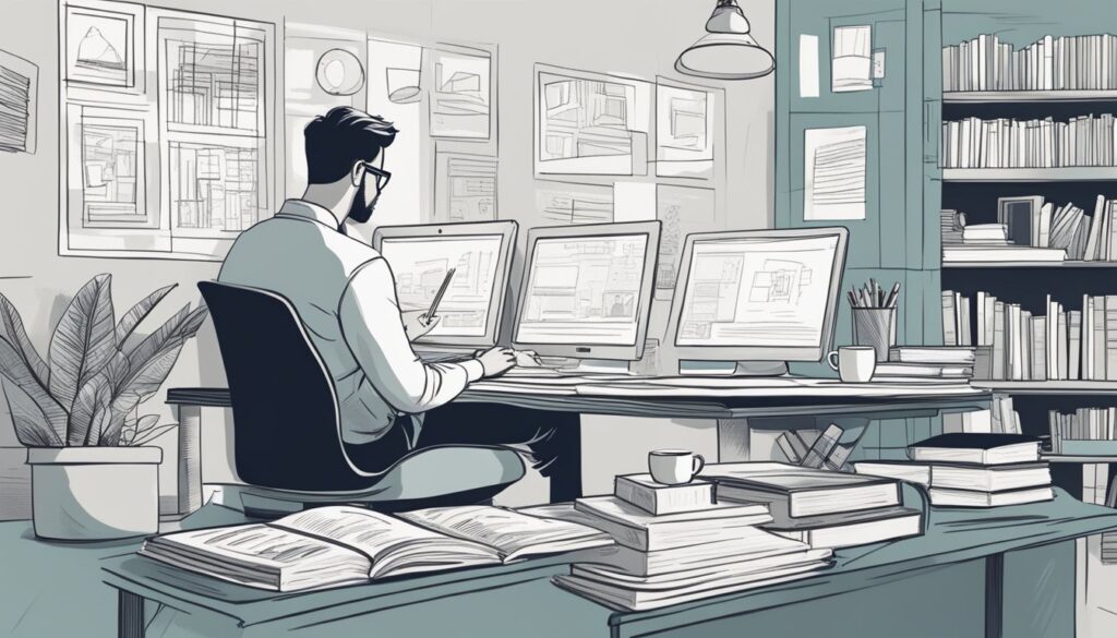 Uma pessoa sentada em uma mesa com um computador, esboçando layouts de sites em um bloco de notas cercada por livros de design e uma xícara de café