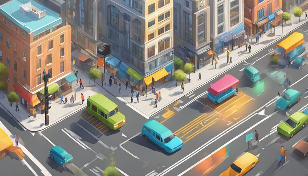 Uma rua movimentada da cidade com letreiros vibrantes e setas direcionais apontando para uma localização central