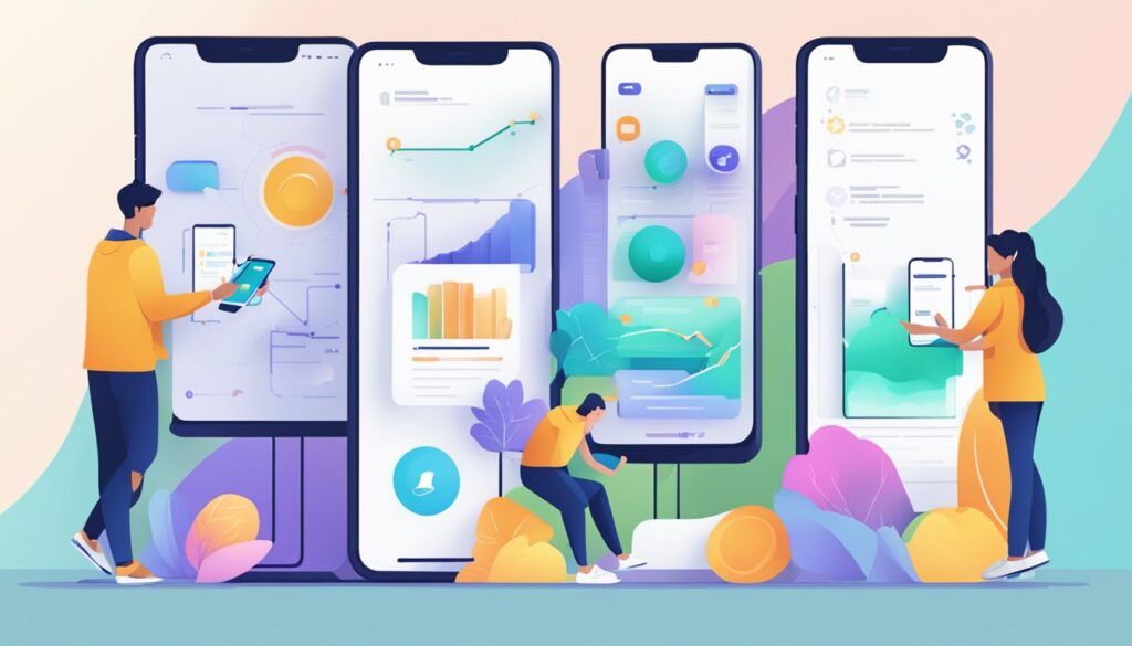 Uma pessoa usando um aplicativo móvel com facilidade, navegando por diferentes telas e interagindo com várias funcionalidades de forma integrada.