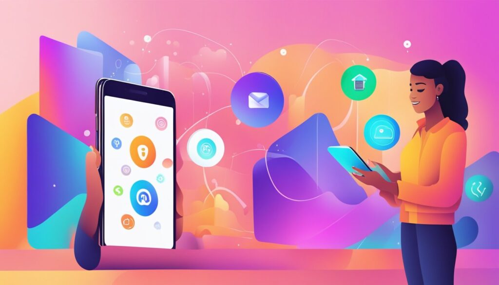 Uma pessoa usando um smartphone para interagir com um aplicativo de marketing digital amigável, cercada por tecnologia moderna e cores vibrantes