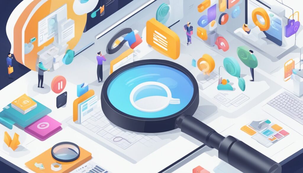 Um site com uma lupa pairando sobre ele, cercado por vários ícones e símbolos relacionados ao SEO, enquanto um logo do Google brilha ao fundo.