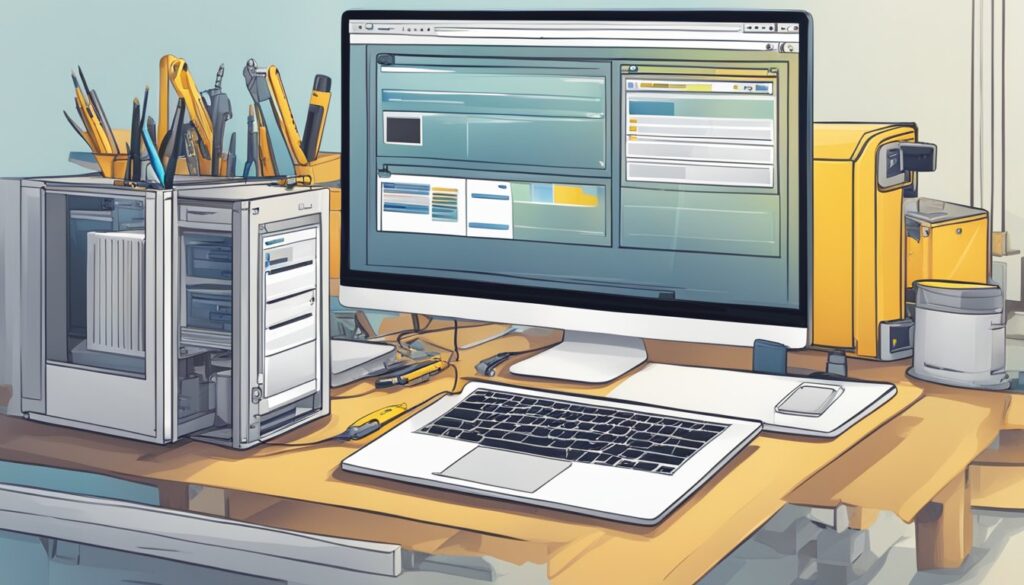 Uma tela de computador dividida entre sites Wix e WordPress, com uma caixa de ferramentas e equipamentos de manutenção próximos.