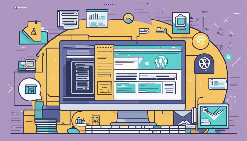 Uma tela de computador com uma visão dividida de um site Wix e WordPress, cercada por ícones de opções de hospedagem e domínio.