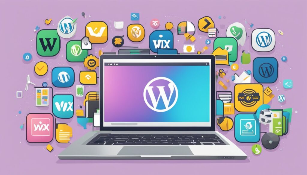 Um laptop exibindo os logotipos do Wix e do WordPress, cercado por vários ícones de extensões e ferramentas