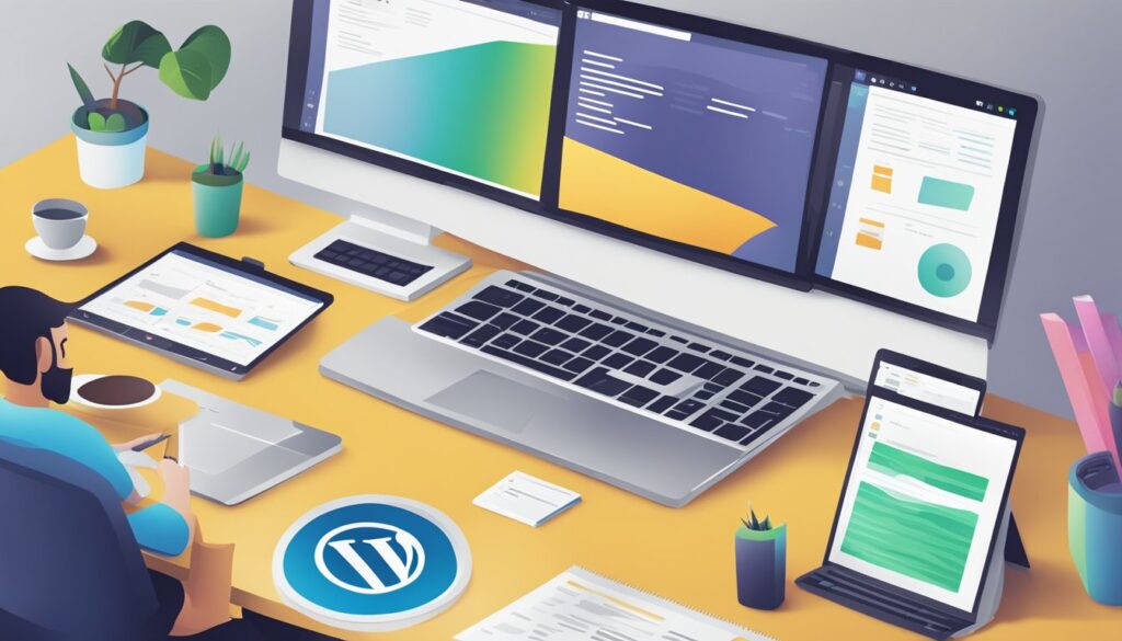 Um computador com uma tela dividida, um lado mostrando o Wix e o outro mostrando o WordPress. Cada lado tem um design de site diferente em progresso.
