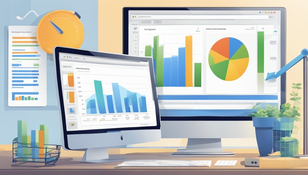 Uma tela de computador exibindo relatórios personalizados do Google Analytics sendo gerados e organizados automaticamente