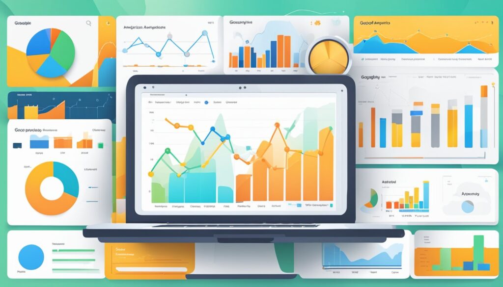 Um laptop exibindo o painel do Google Analytics com vários gráficos e tabelas.