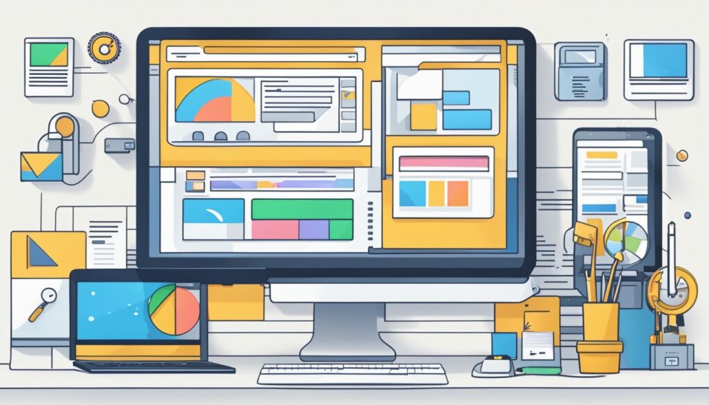 Uma tela de computador com um site sendo atualizado e mantido, cercada por várias ferramentas e ícones de software.