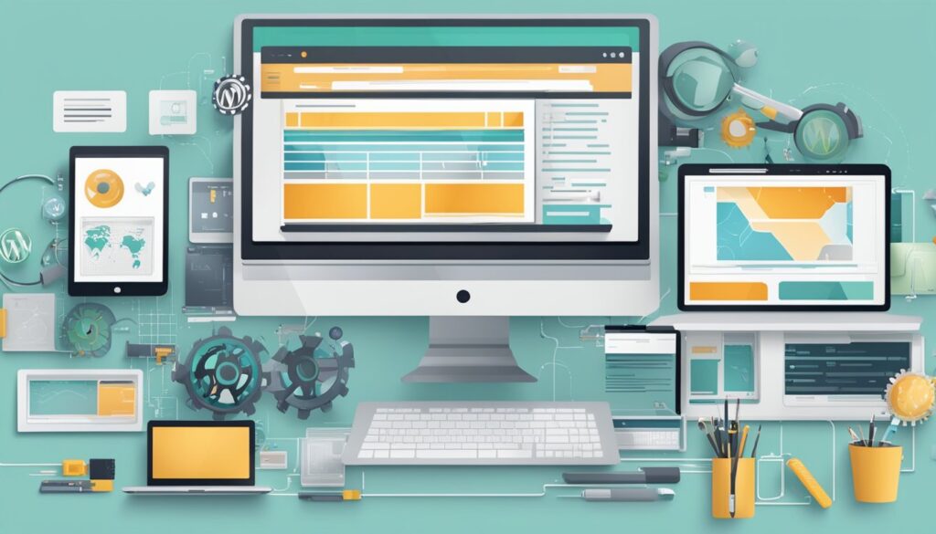 Uma tela de computador com um site WordPress se expandindo e aumentando, cercada por vários dispositivos e ferramentas tecnológicas.