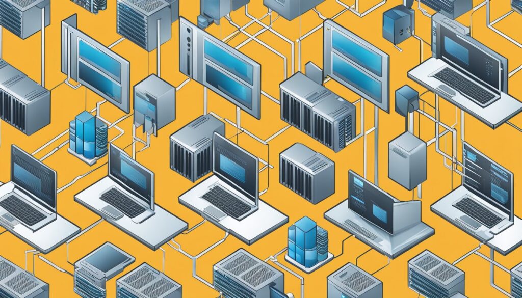 Um servidor de computador com múltiplos dispositivos interconectados e dados fluindo entre eles, representando hospedagem compartilhada
