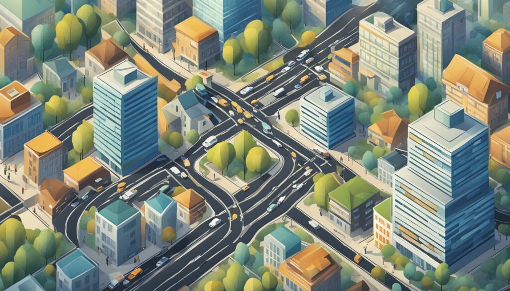 Uma rua movimentada da cidade com vários edifícios conectados por uma rede de estradas entrelaçadas, simbolizando a natureza interconectada do hospedagem compartilhada em comparação com outros tipos de acomodações.