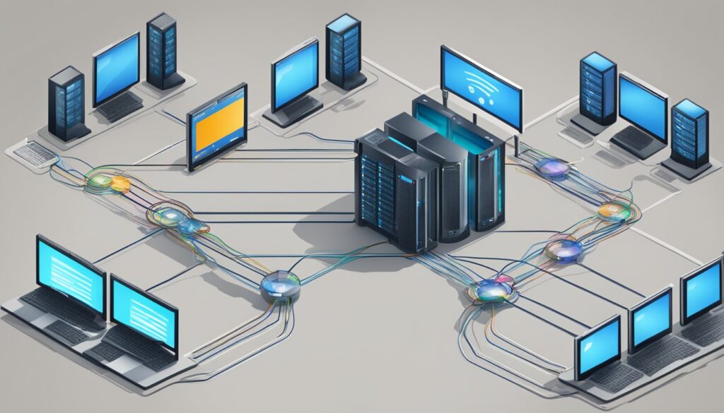 Múltiplos computadores conectados a um servidor central, compartilhando recursos e dados em um ambiente de rede