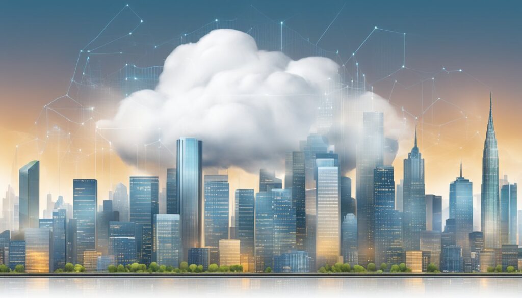 Uma nuvem pairando sobre o horizonte de uma cidade, com servidores de dados e gráficos financeiros visíveis dentro da nuvem
