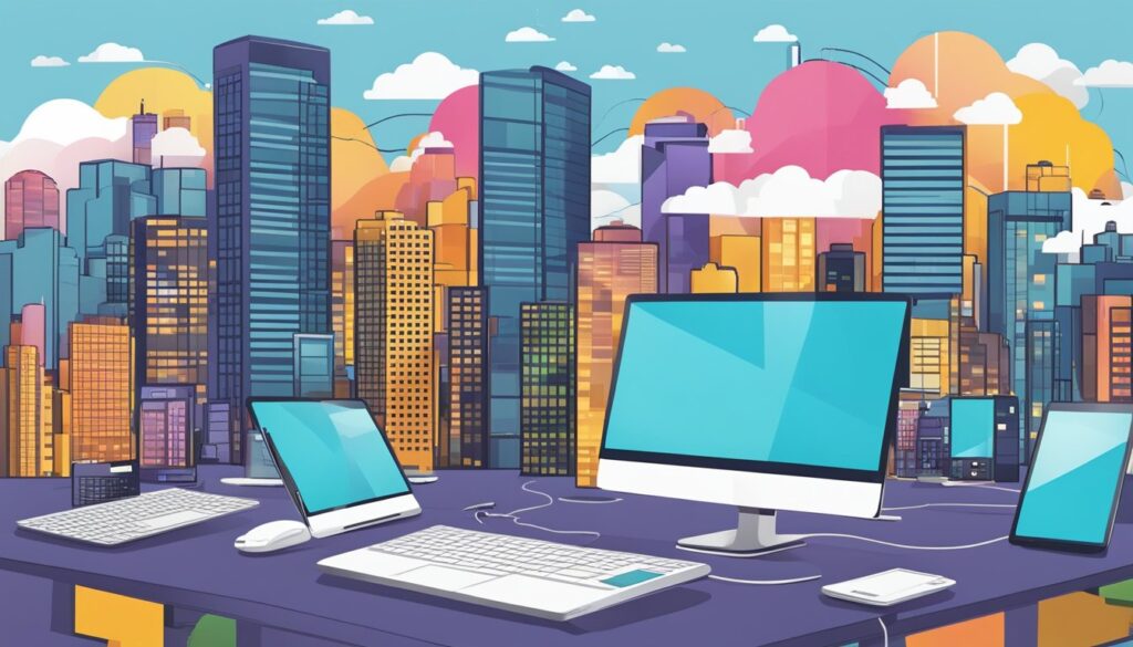 Uma nuvem brilhante e colorida pairando sobre o horizonte da cidade, com vários dispositivos digitais conectados a ela, simbolizando os benefícios da hospedagem em nuvem.
