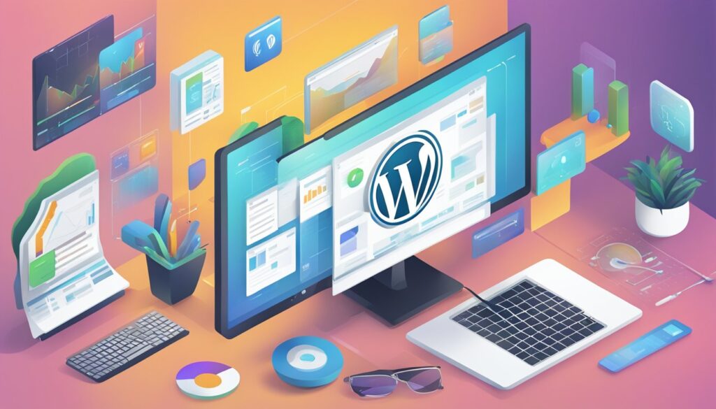 Uma tela de computador exibindo um painel do WordPress com configurações de otimização de desempenho e segurança, cercada por ferramentas e recursos relevantes.